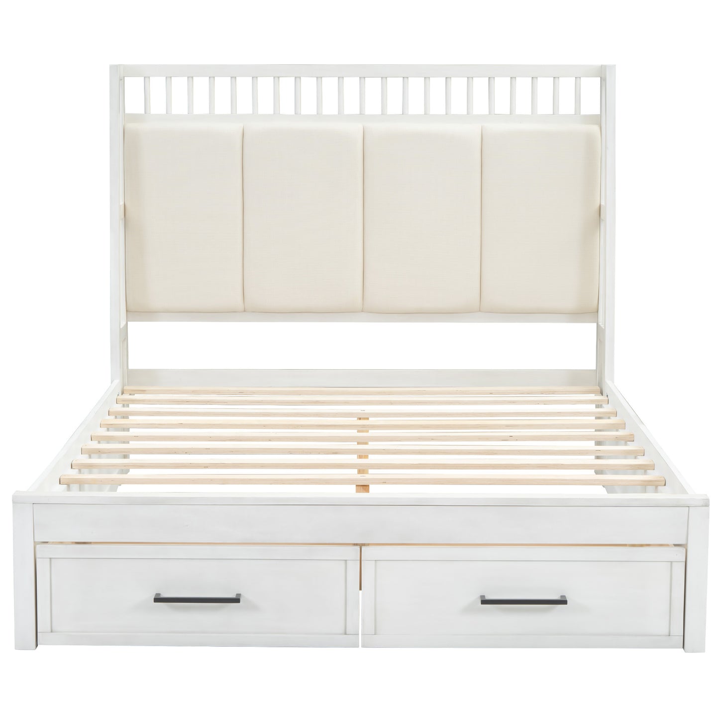 Queen Size Wood Platform Bed with Upholstered Headboard and 2 Drawers, Antique White