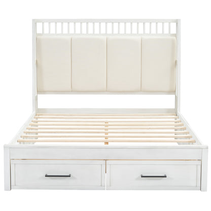 Queen Size Wood Platform Bed with Upholstered Headboard and 2 Drawers, Antique White