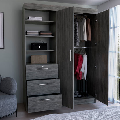 3-Tier Shelf and Drawers Armoire with Metal Handles, Smokey Oak