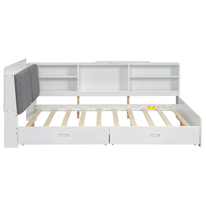 Wood Full Size platform bed with Storage Headboard, Shelves and 2 Drawers, White