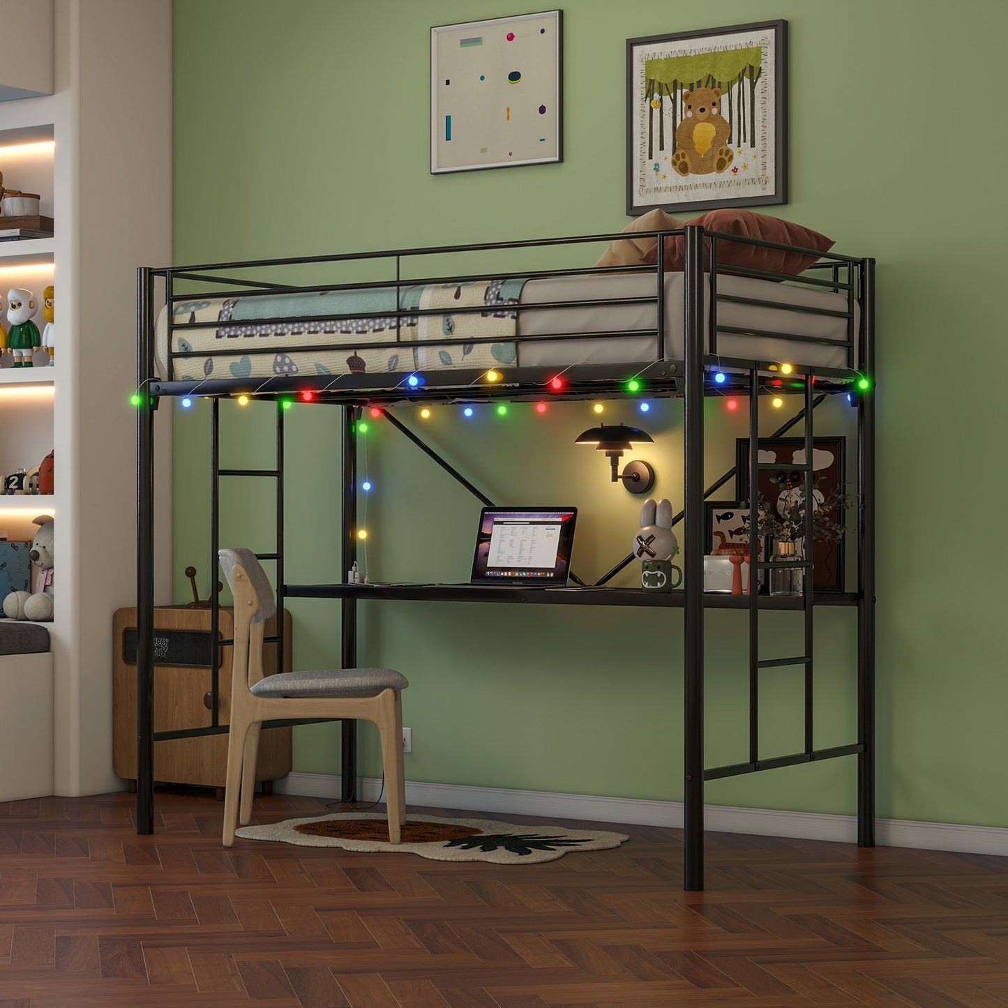 Twin Metal Loft Bed with Desk, Power Outlet and LED Lighted , Safety Guard & Ladder, No Box Spring Needed, Black