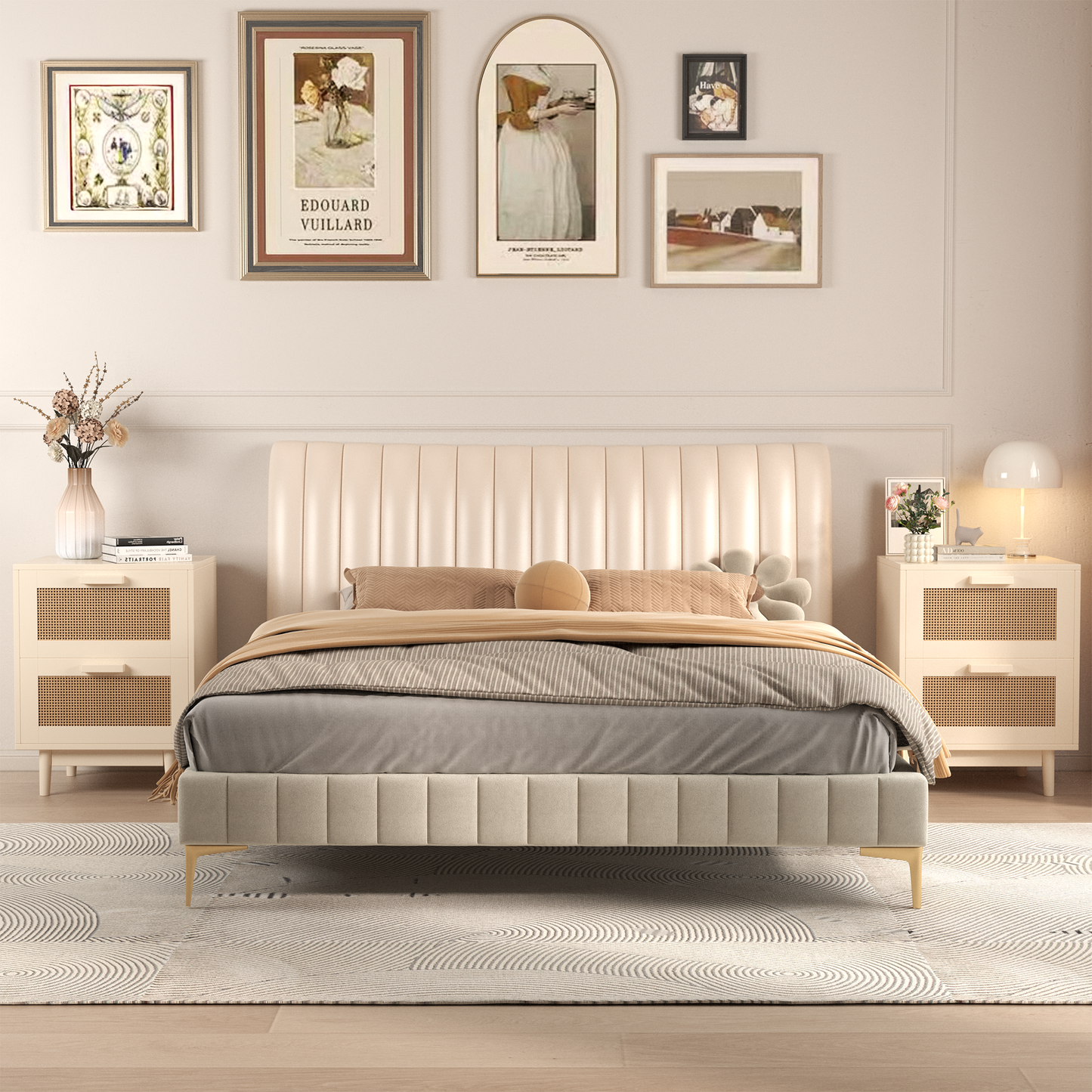 Rattan Nightstand, Wood End Table, Side Table with 2 Faux Rattan-Decorated Drawers, Bedside Table,Wood Accent Table with Storage for Livingroom, Bedroom,Burly wood