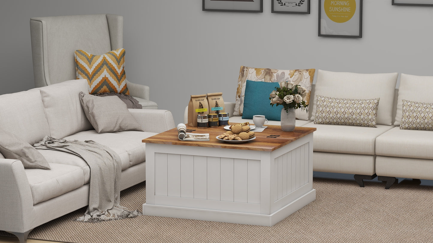 31.5" Farmhouse Coffee Table, Square Wood Center Table with Hinged Lift Top, Rustic Cocktail Table with Large Hidden Storage Compartmen for Living Room-White