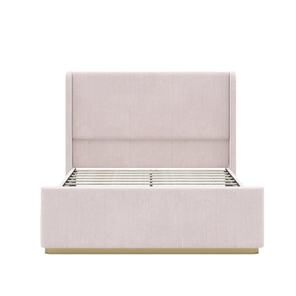 Queen Size Corduroy Upholstered Bed Frame with Vertical Stripe Wingback Headboard and High Footboard, Pink