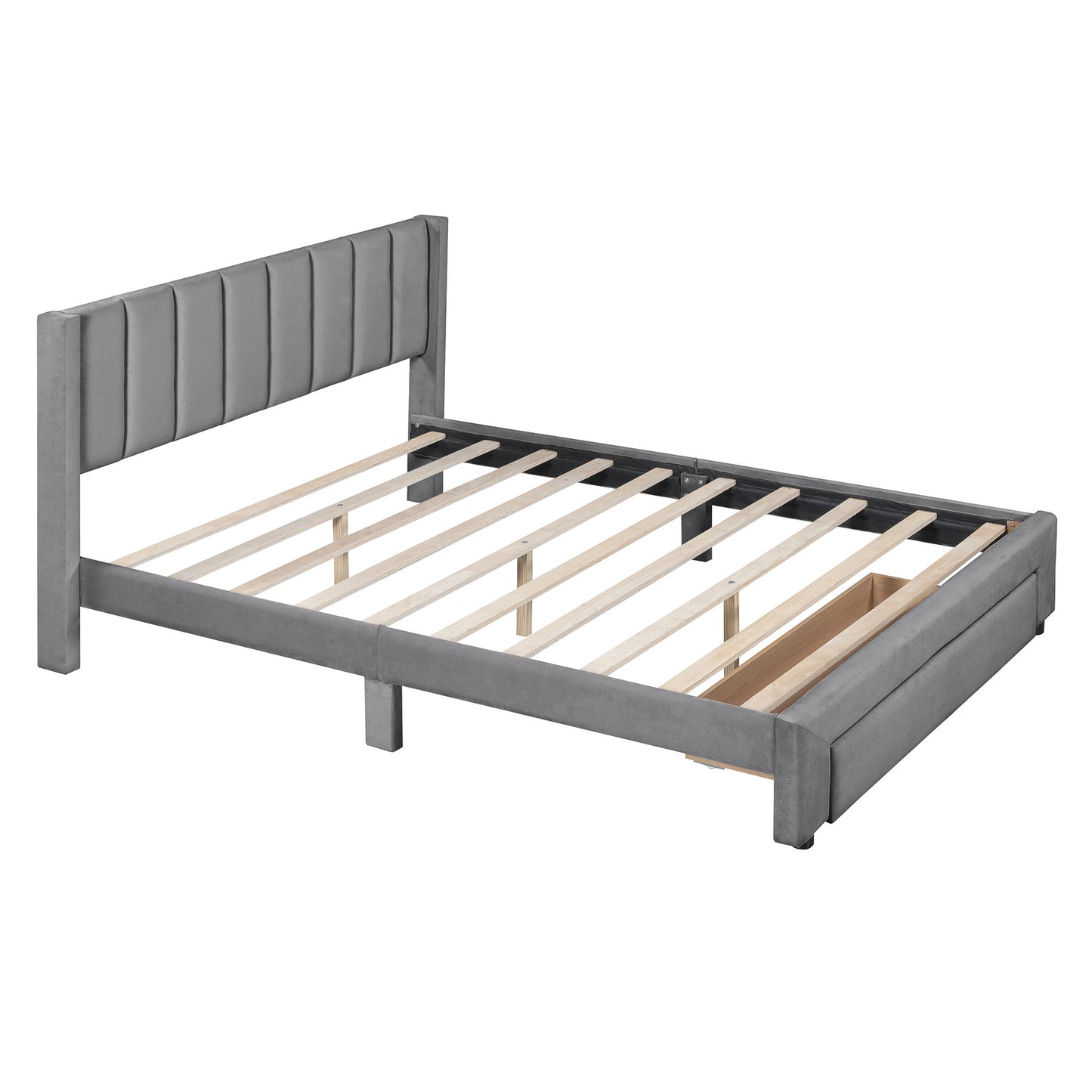 Queen Size Storage Bed Velvet Upholstered Platform Bed with a Big Drawer - Gray(old sku:WF296854AAE)