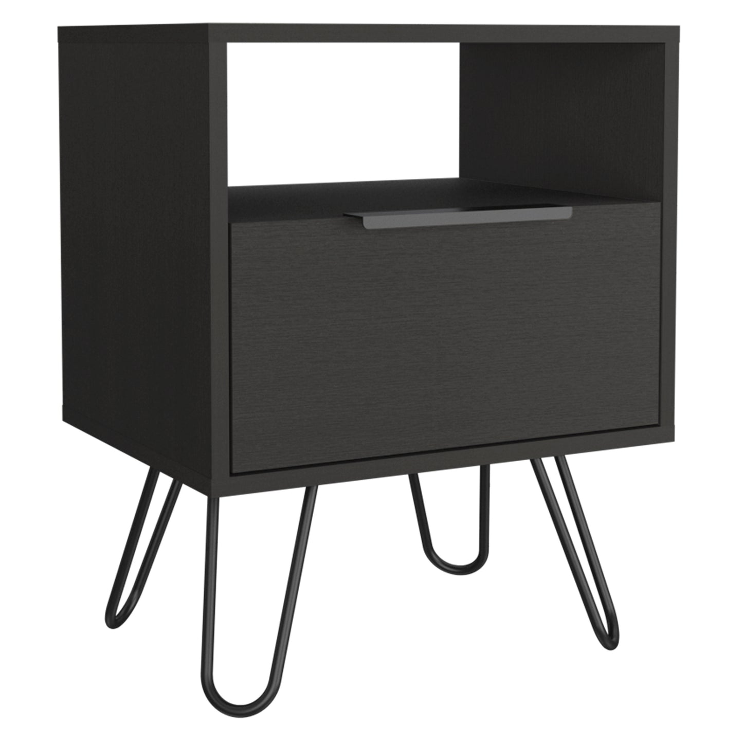 Nightstand 22"H, One Open Shelf, Single Door Cabient, Hairpin Legs, Black