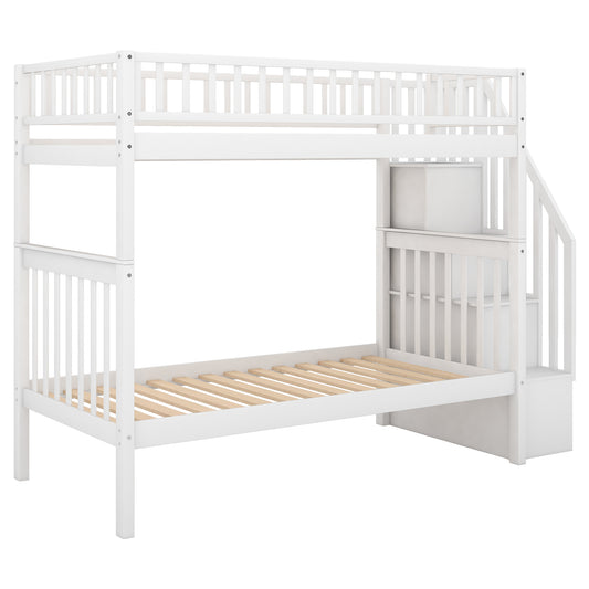 White Twin Over Twin Bunk Bed with Trundle and Storage, Solid Pine Wood, 93.75''L x 81.4''W x 65.7''H