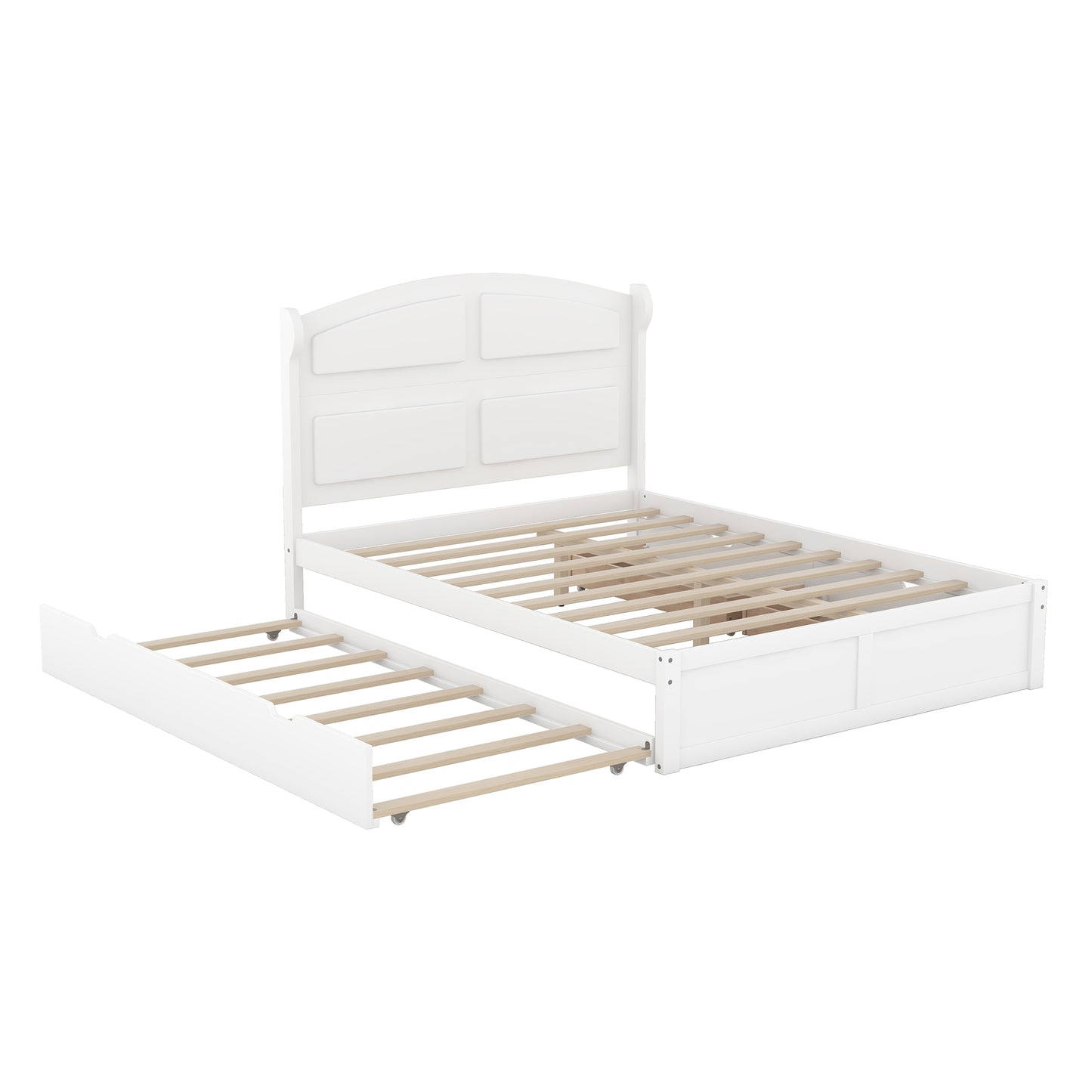 Wood Queen Size Platform Bed with Twin Size Trundle and 2 Drawers, White