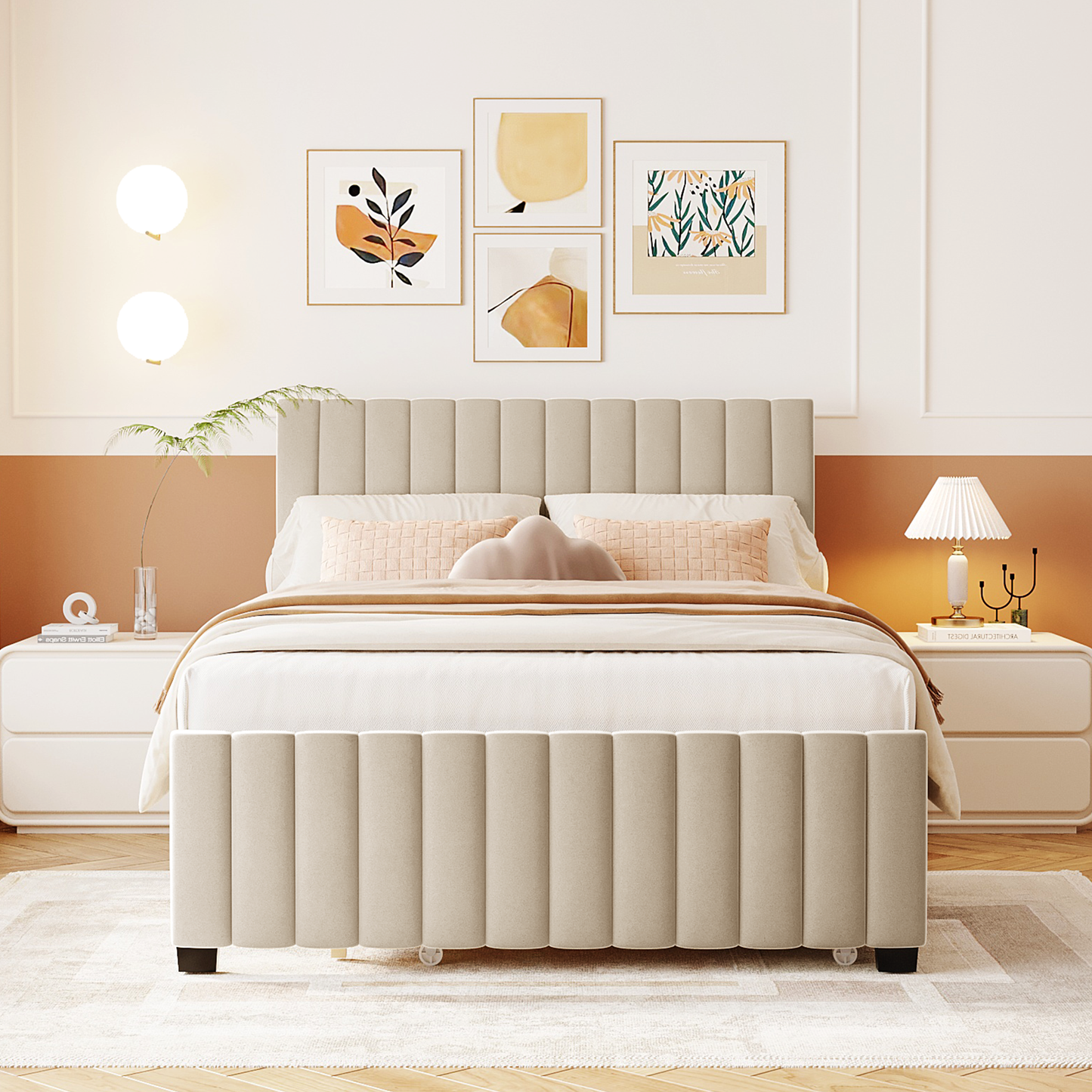 Full Size Velvet Upholstered Platform Bed with Twin Size Trundle, Beige