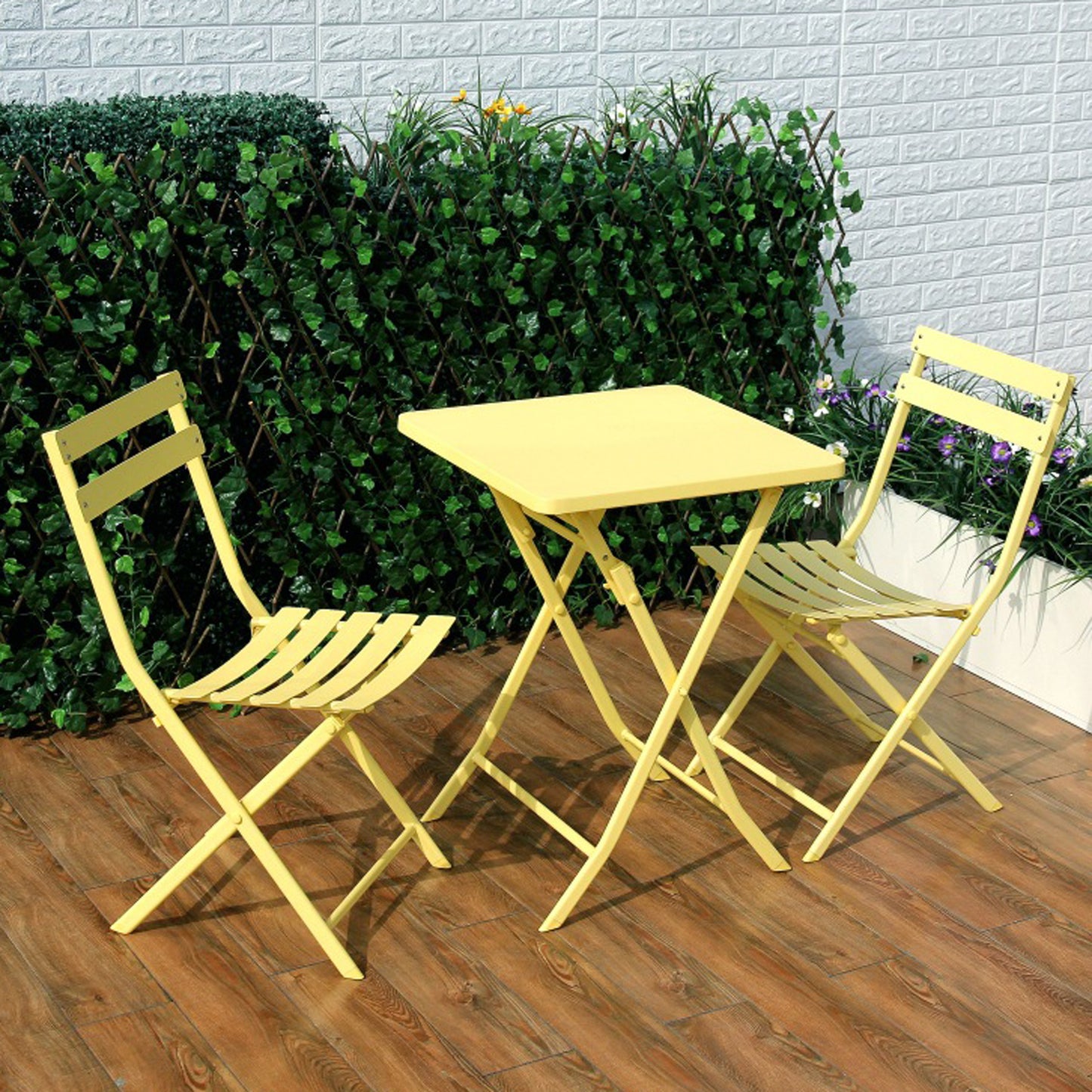 3 Piece Patio Bistro Set of Foldable Square Table and Chairs, Yellow