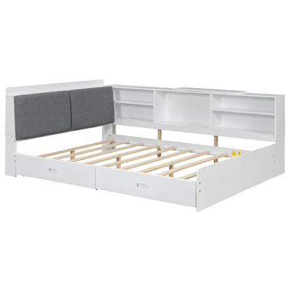 Wood Full Size platform bed with Storage Headboard, Shelves and 2 Drawers, White