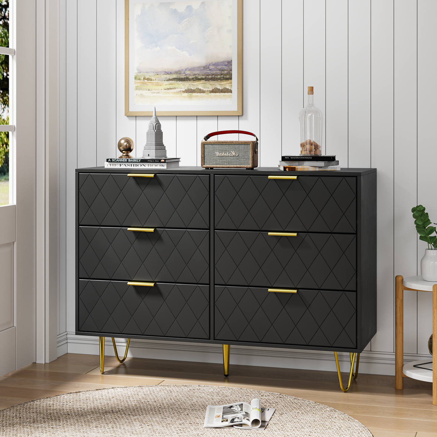 Modern black 6 Drawers for Bedroom, Small Size Modern 6 Drawer Dresser, Wide Chest of Drawers with Gold Handles, Wood Double Dresser Storage Cabinet for Living Room, Bedroom, Hallway