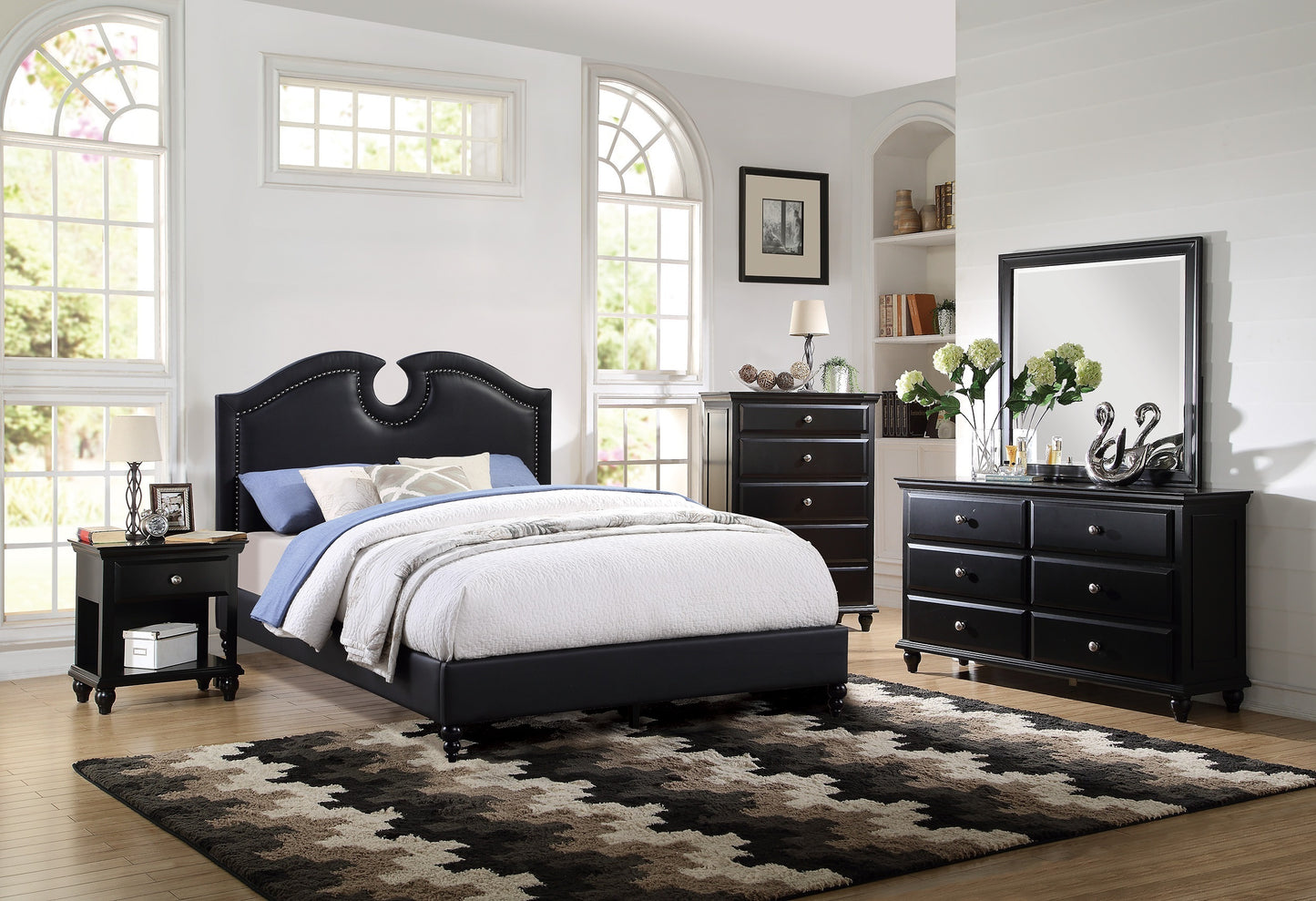 Black Faux Leather Unique Design Headboard 1pc Queen Size Bed Bedroom Furniture Nailhead Upholstered Modern Bedframe