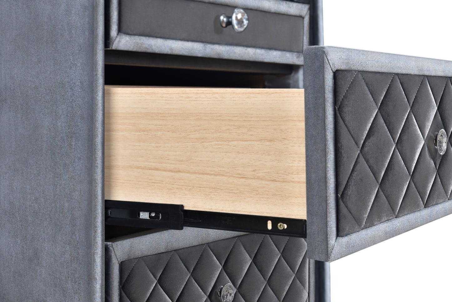 1pc Glam 3-Drawer Nightstand Velvet Tufted Drawer Front Jewelry Tray Faux Crystal Drawer Knobs