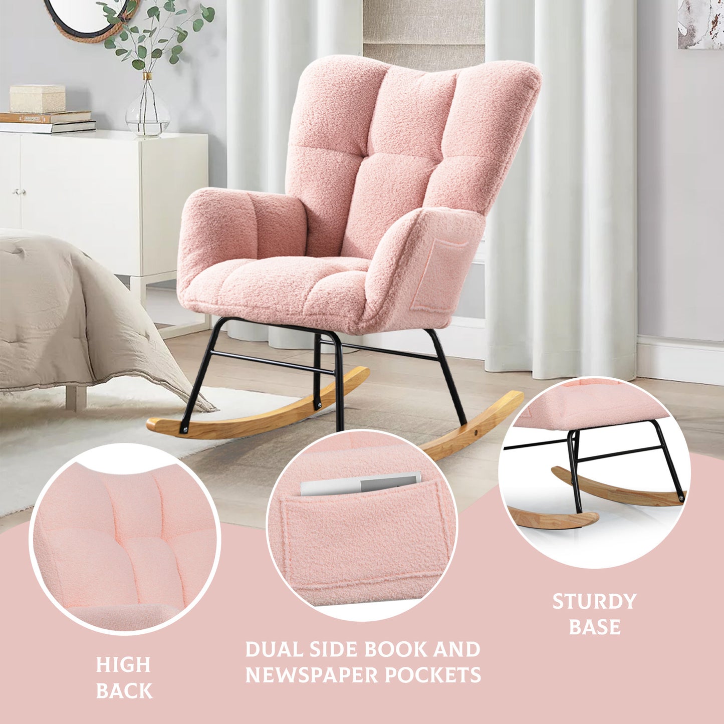 Teddy Fabric Rocking Chair, Modern Rocking Accent Chair for Nursery, Living Room, Bedroom, Pink