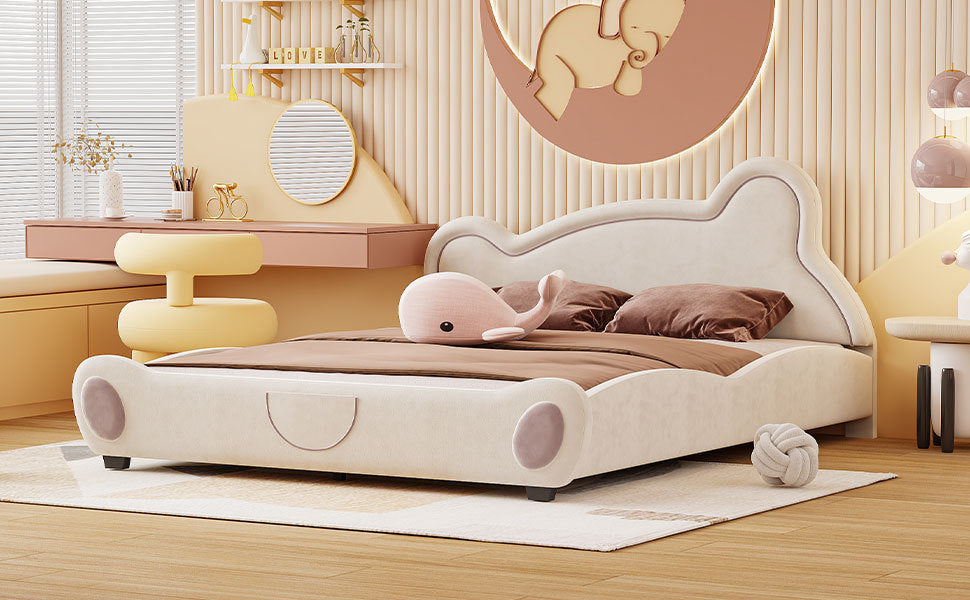 Queen Size Velvet Platform Bed with Bear-Shaped Headboard, with Bed-End Storage Pocket, Beige