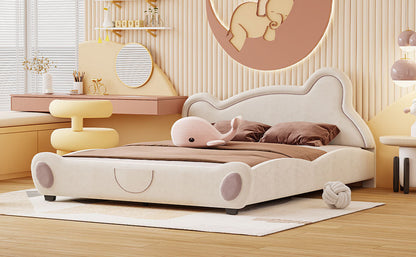 Queen Size Velvet Platform Bed with Bear-Shaped Headboard, with Bed-End Storage Pocket, Beige