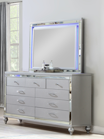 Mirror Framed 9-Drawer Dresser Made With Wood in Silver Color