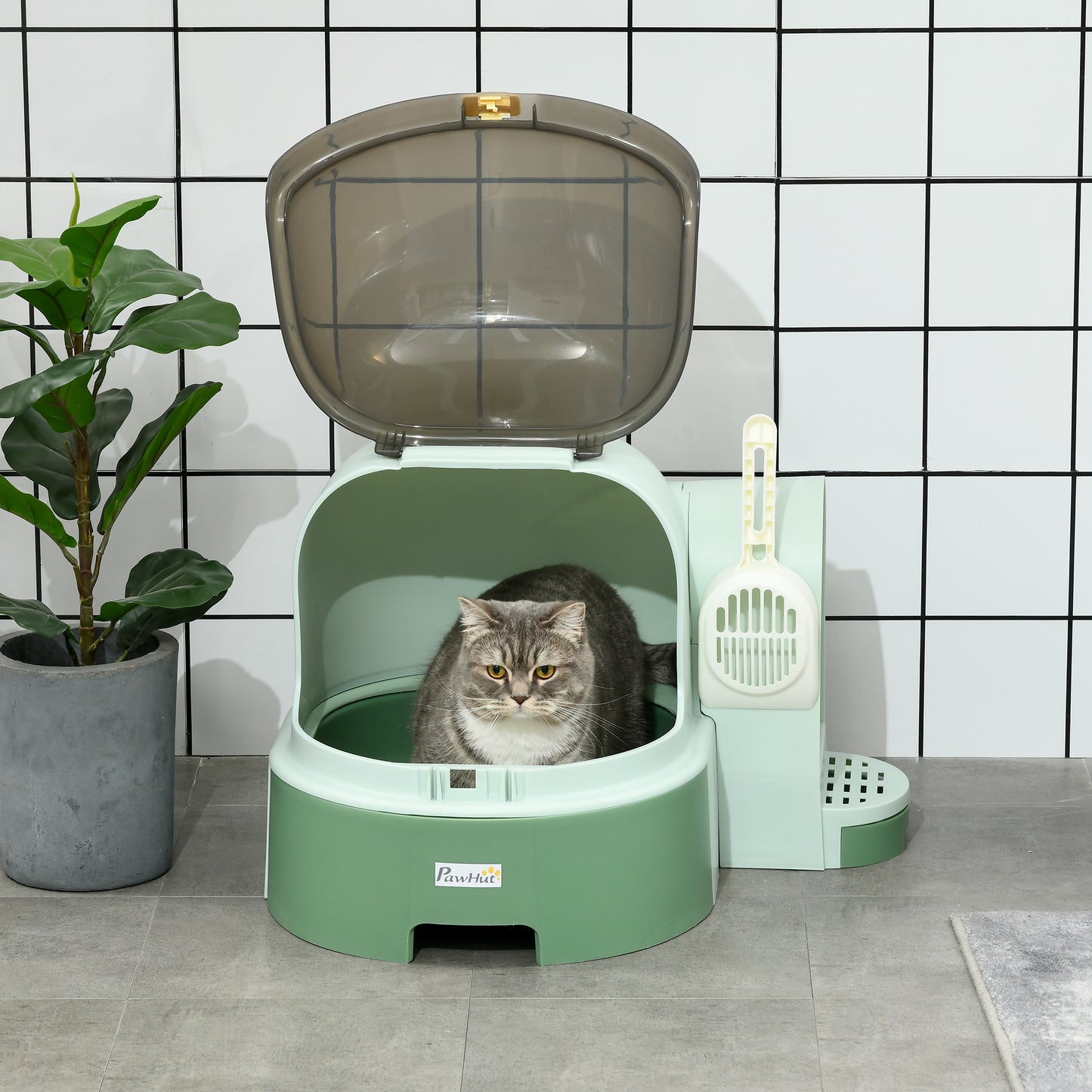 PawHut Cat Litter Box with Lid, Covered Litter Box, Easy to Clean & Open Including Openable Front Cover, Litter Scoop, Green