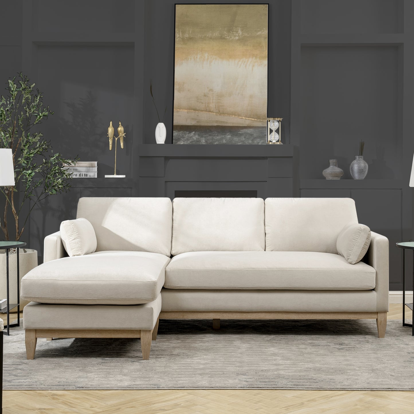 Knox 89" Modern Farmhouse Reversible Chaise Sectional Sofa, French Beige Performance Velvet