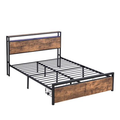 Queen Size Bed Frame with Storage Headboard and 2 Drawers, LED Lights Bed with Charging Station, Metal Platform Bed No Noise, Mattress Foundation Strong Metal Slats Support No Box Spring Needed