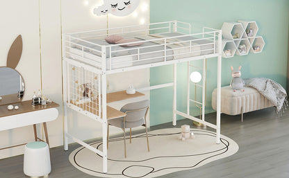 Twin Metal Loft Bed with Desk and Metal Grid,White