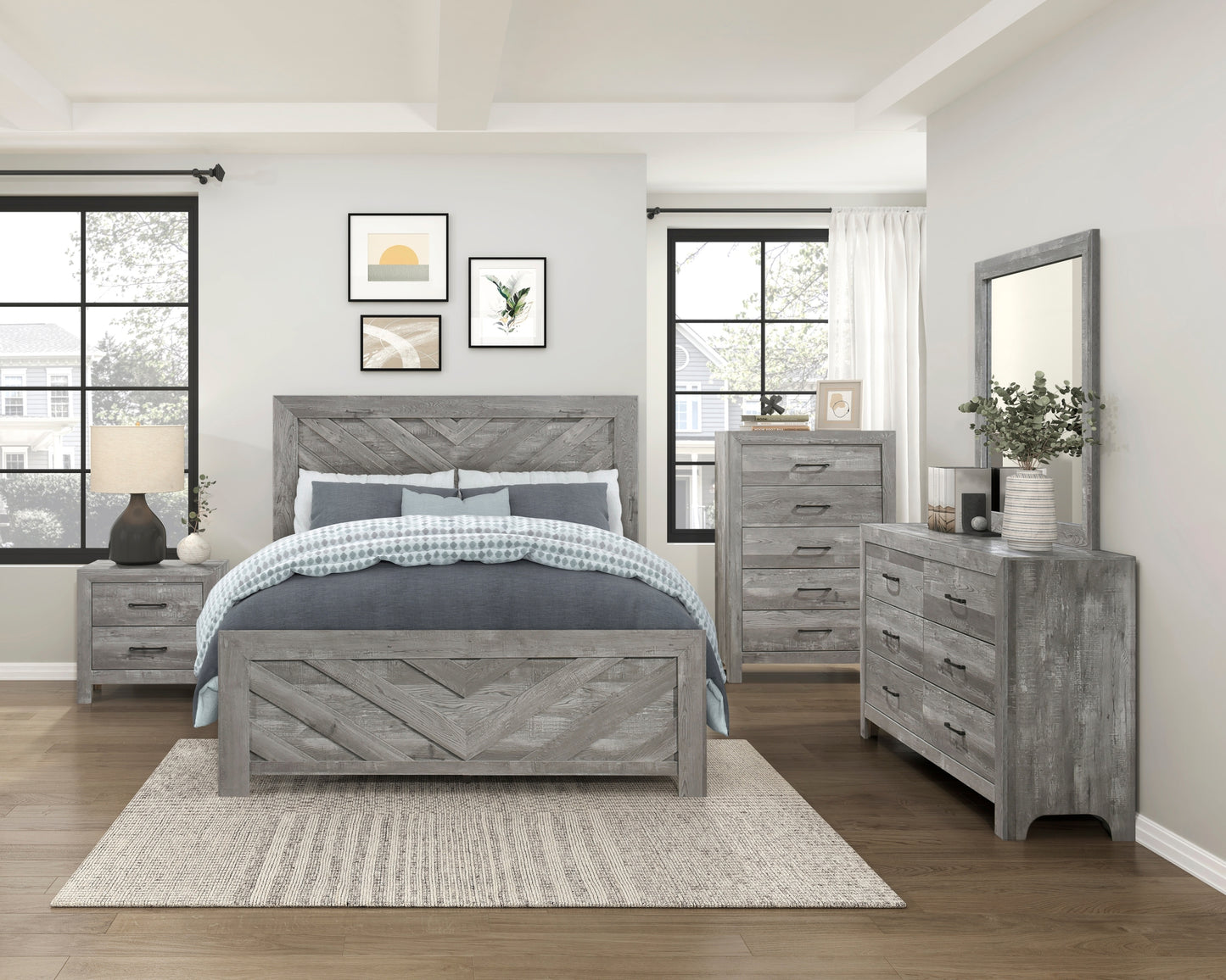 Contemporary Rustic Gray Finish Queen Size Panel Bed Wooden Bedroom Furniture 1pc, Bed in a Box