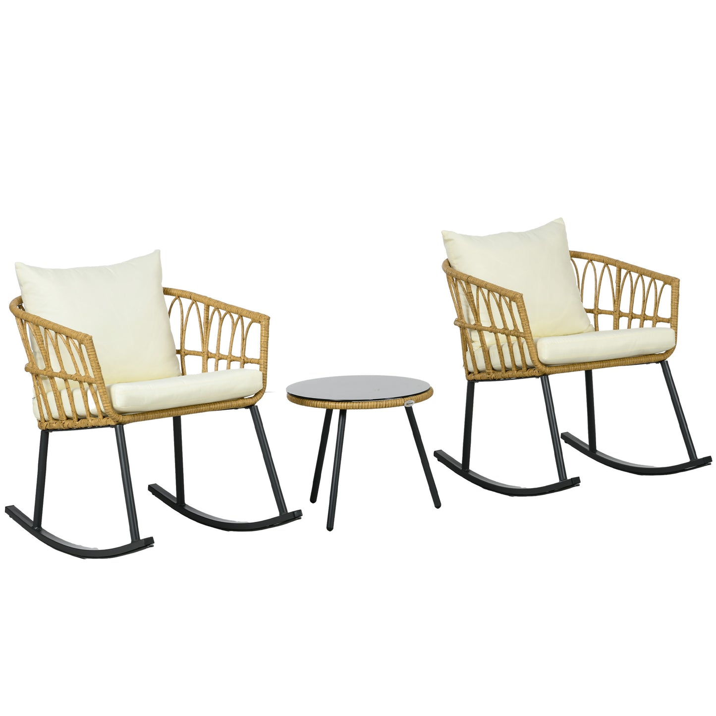 Outsunny 3 Piece Bistro Set with Cushions, Outdoor PE Rattan Wicker Patio Rocking Chair with 2 Porch Rocker Chairs, Glass Top Coffee Table Patio Conversation Set, Cream White