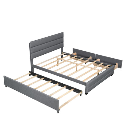 Queen Upholstered Platform Bed with Twin Size Trundle and Two Drawers,Grey