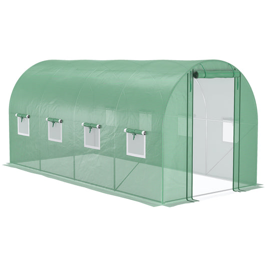 Outsunny 14.6' x 6.6' x 6.6' Walk-in Tunnel Hoop Greenhouse with Mesh Door & 8 Windows, Large Green House for Plants, Flowers, Vegetables, Galvanized Steel Frame & PE Cover, Green