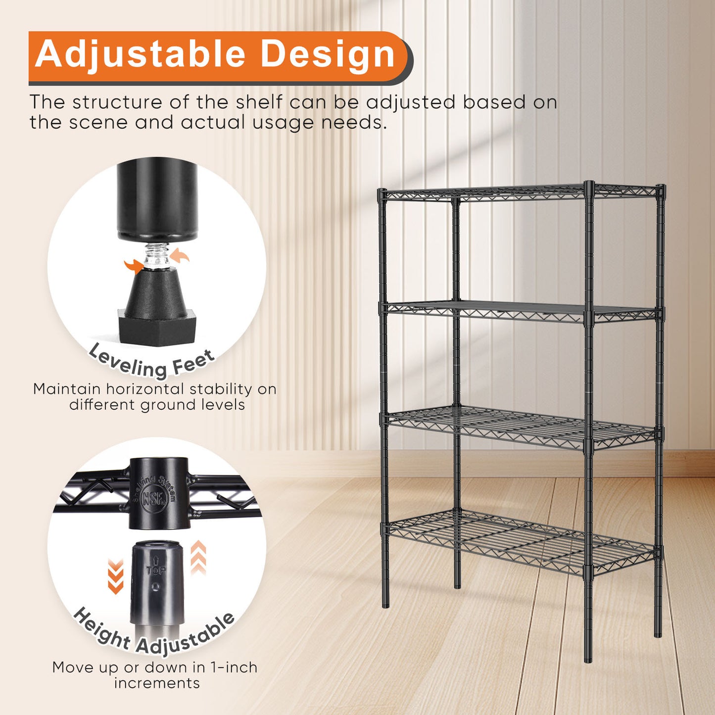 Storage Shelving Unit, Adjustable Metal Wire Racks Heavy Duty Standing Shelf Organizer for Kitchen, Closet, Pantry, Garage, Bathroom, Laundry,4-Tier