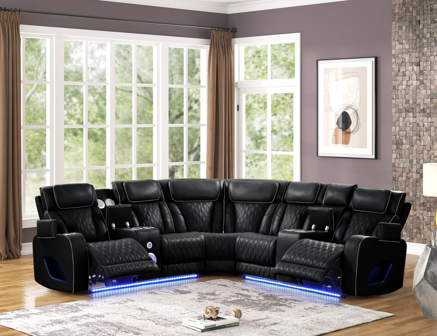 Fortuner Modern Style power recliner sectional with Bluetooth speaker and LED made with wood & metal, Massage Function Included -Black (NJ Inventory)