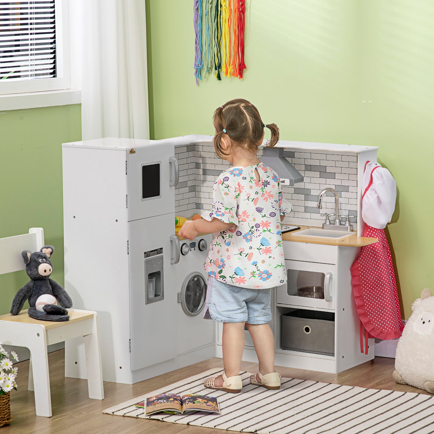 Qaba Corner Play Kitchen Set with Sound Effects and Tons of Countertop Space, Large Wooden Kitchen with Washing Machine, Food Toys, Ice Maker, Kids Kitchen, Ages 3-6, White