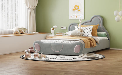 Twin Size Velvet Platform Bed with Bear-Shaped Headboard, with Bed-End Storage Pocket, Gray