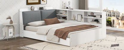 Wood Full Size platform bed with Storage Headboard, Shelves and 2 Drawers, White