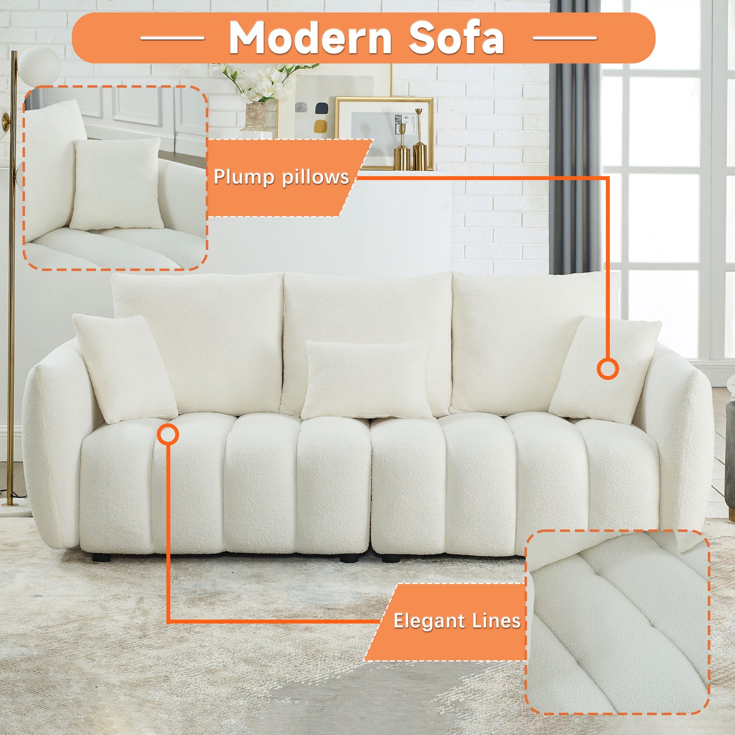 3 Seater + 3 Seater Combo Sofa Modern Living Room Sofa, Teddy Sofa, Wooden Frame, 6 Cushions, Apartment Sofa Furniture