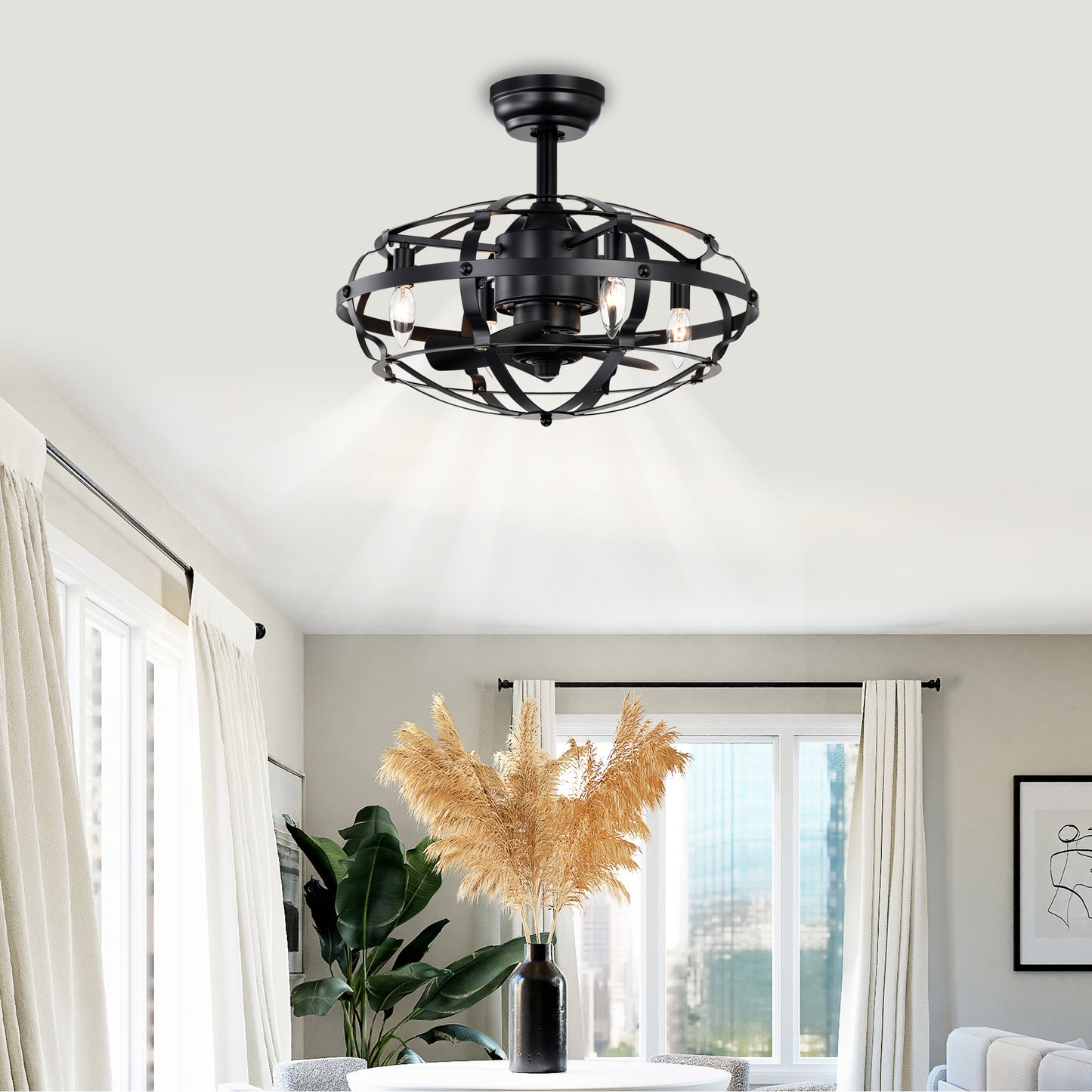 Hot Sell Industrial Ceiling Fan Light Kit for Living Room Bedroom Kitchen and Bladeless Caged Ceiling Fan with Lights