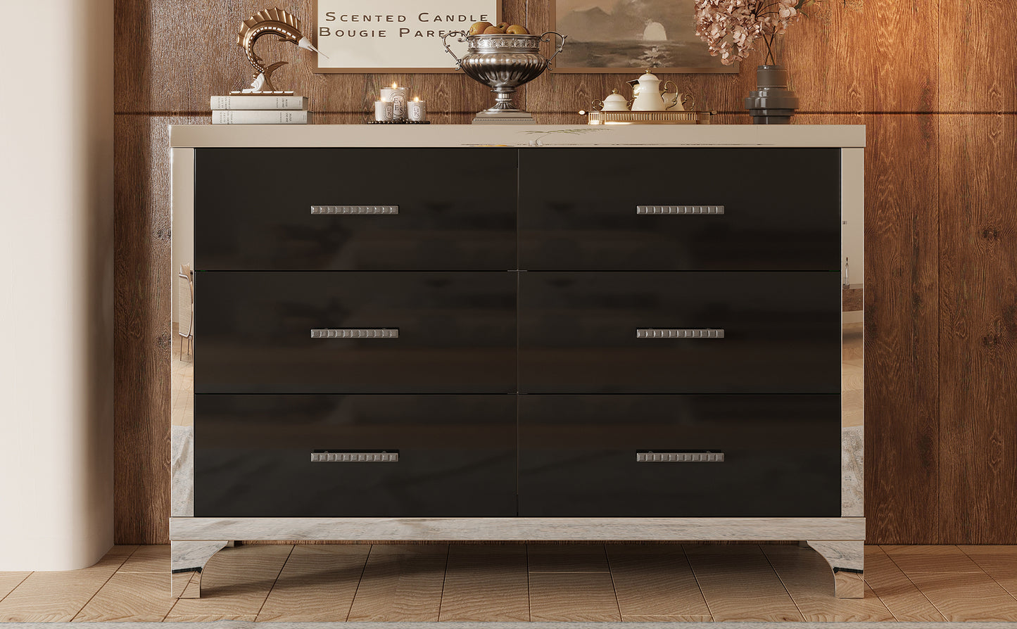 Elegant High Gloss Dresser with Metal Handle,Mirrored Storage Cabinet with 6 Drawers for Bedroom,Living Room,Black