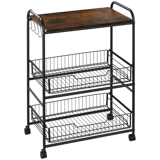 HOMCOM 3 Tier Rolling Kitchen Cart with Storage, Kitchen Island Cart on Wheels with 2 Sliding Fruit Basket, Microwave Cart with Side Hooks for Dining Room, Brown