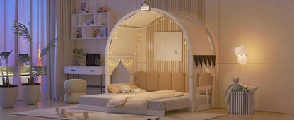 Twin Size Extended Bed With Arched Roof and Trundle, White