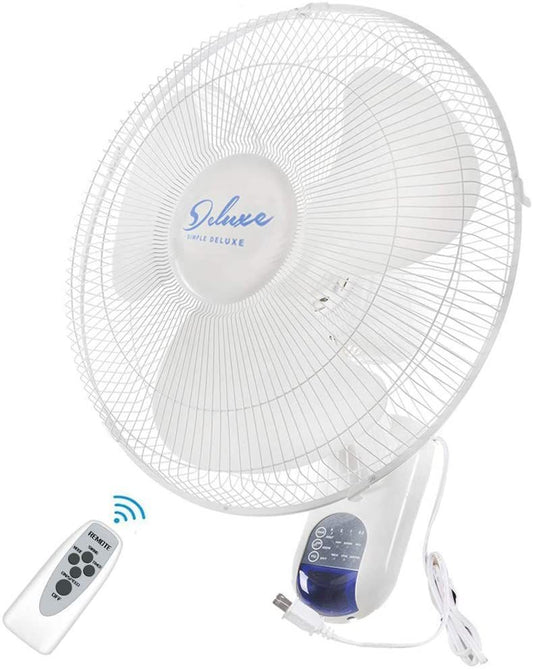 Simple Deluxe 16 Inch Digital Wall Mount Fan with Remote Control 3 Speed-3 Oscillating Modes-72 Inches Power Cord, ETL Certified-White, 16"