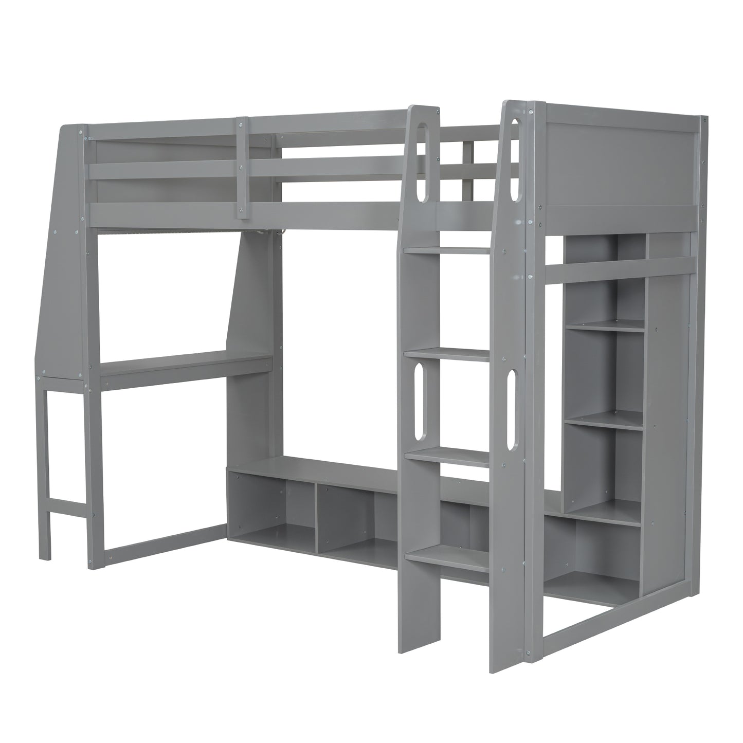 Gray Wood Twin Size Gaming Loft Bed with Desk, Multi-storage Shelves, LED Lighting, and Hanging Clothes Rack