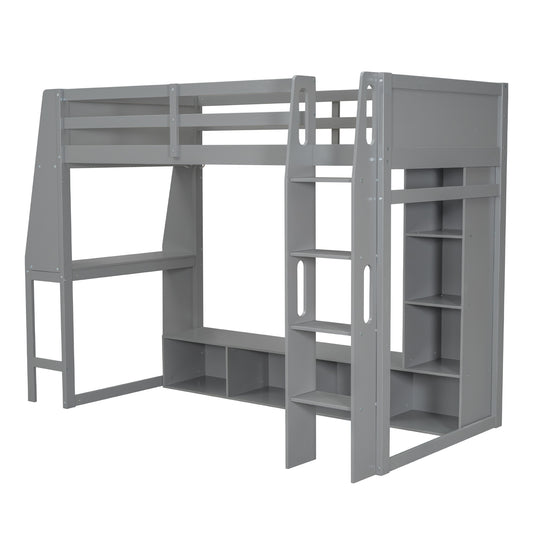 Gray Wood Twin Size Gaming Loft Bed with Desk, Multi-storage Shelves, LED Lighting, and Hanging Clothes Rack