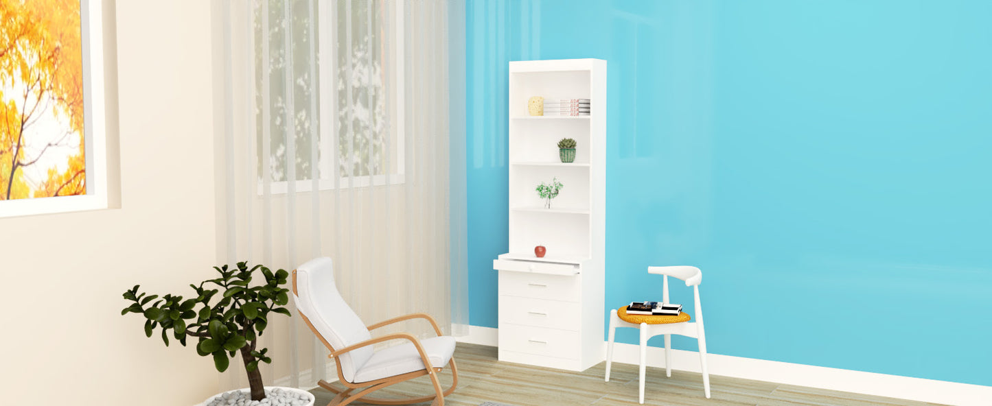 Full Size Vertical Murphy Bed with Shelf and Drawers for Bedroom or Guestroom White Wall Bed Space Saving Hidden Bed, updated Gas Strut design.