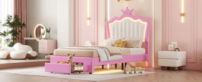 Twin Size Upholstered Bed Frame with LED Lights, Modern Upholstered Princess Bed with Crown Headboard, a Drawer, Pink+White