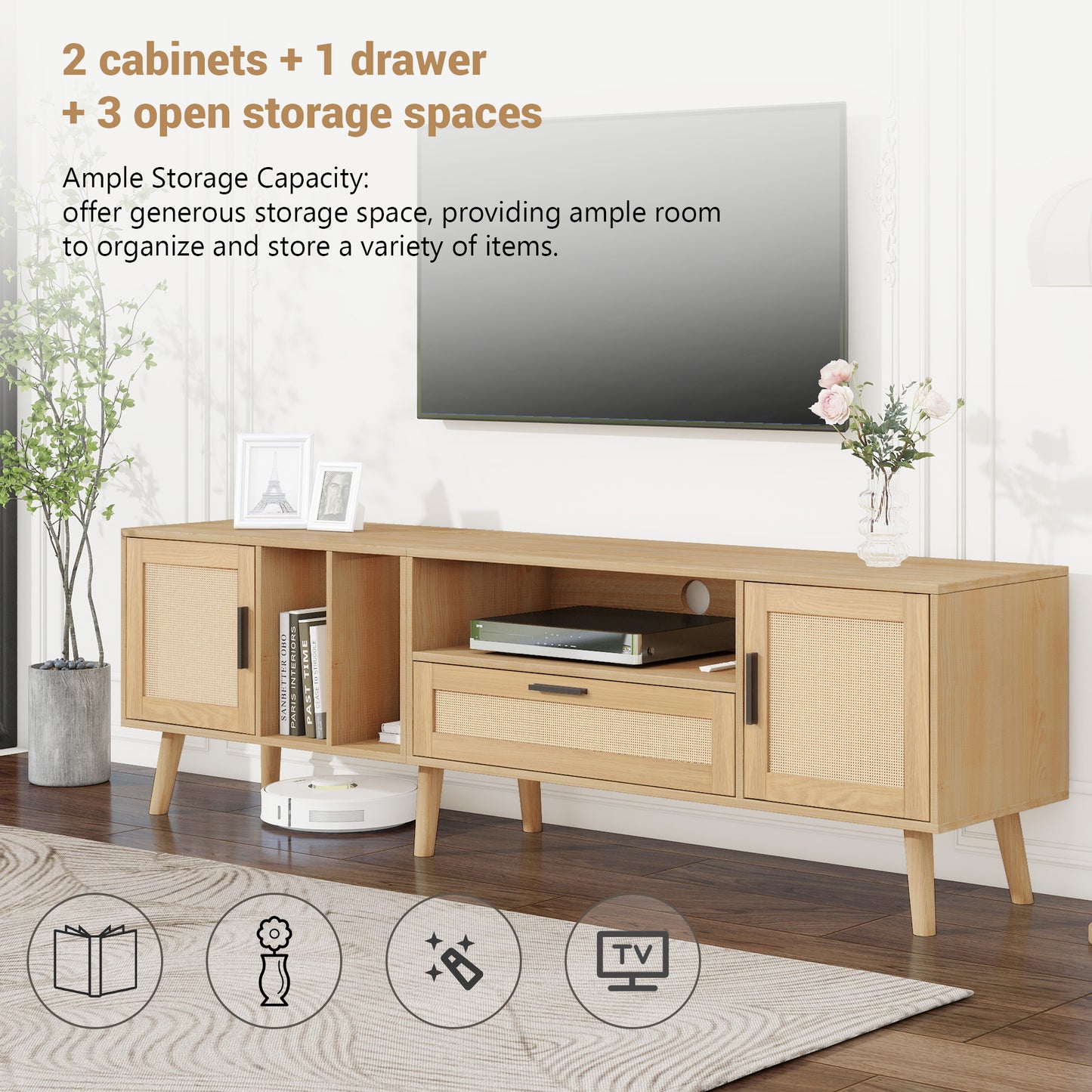 Rattan TV Stand with 2 Cabinets & 2 Open Shelves, Rattan-inspired Media Console Table for TVs up to 80'', Entertainment Center with Solid Wood Legs, TV cabinet for Living room, Bedroom, Home Theatre