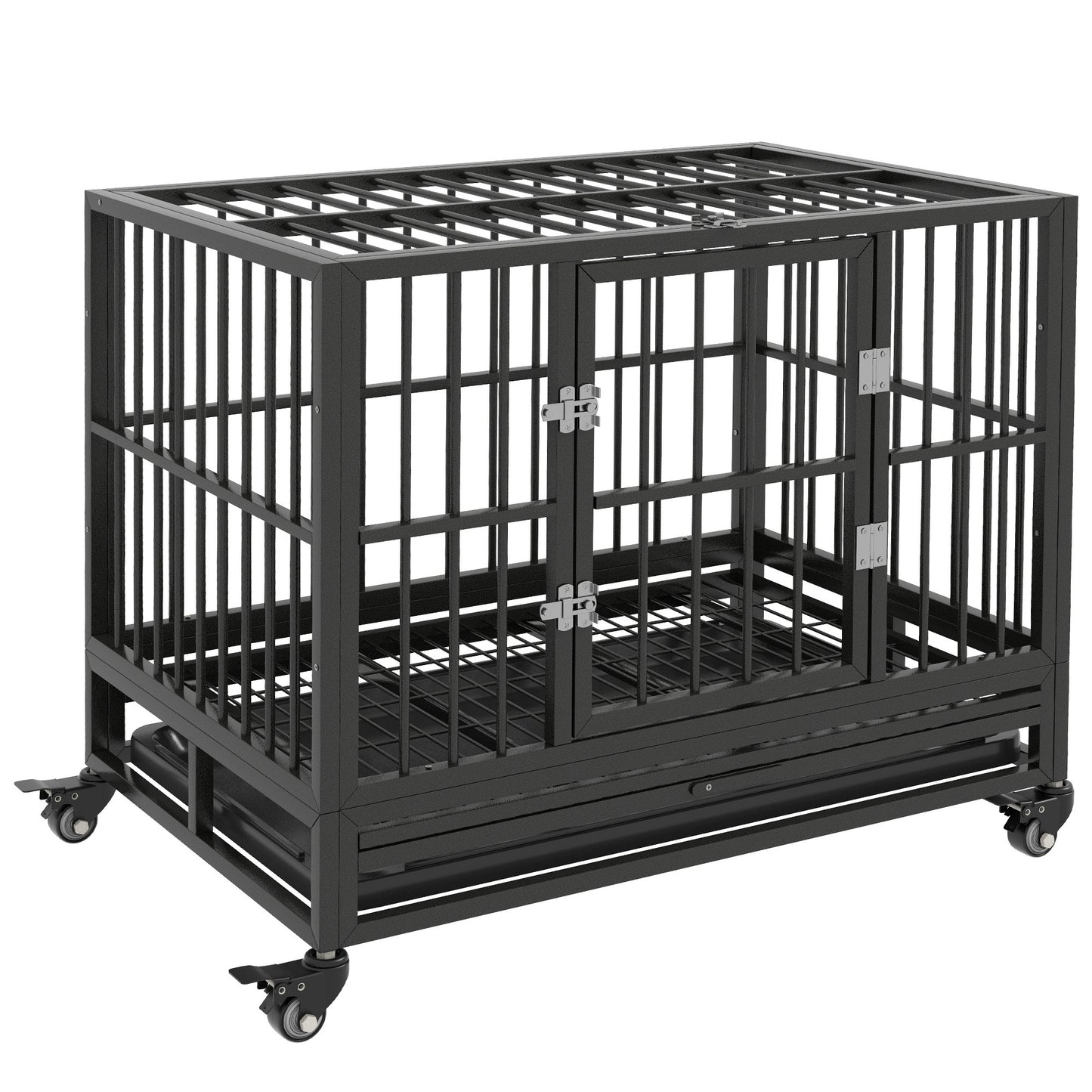 PawHut 36" Heavy Duty Dog Crate Metal Cage Kennel with Lockable Wheels, Double Door and Removable Tray, Gray