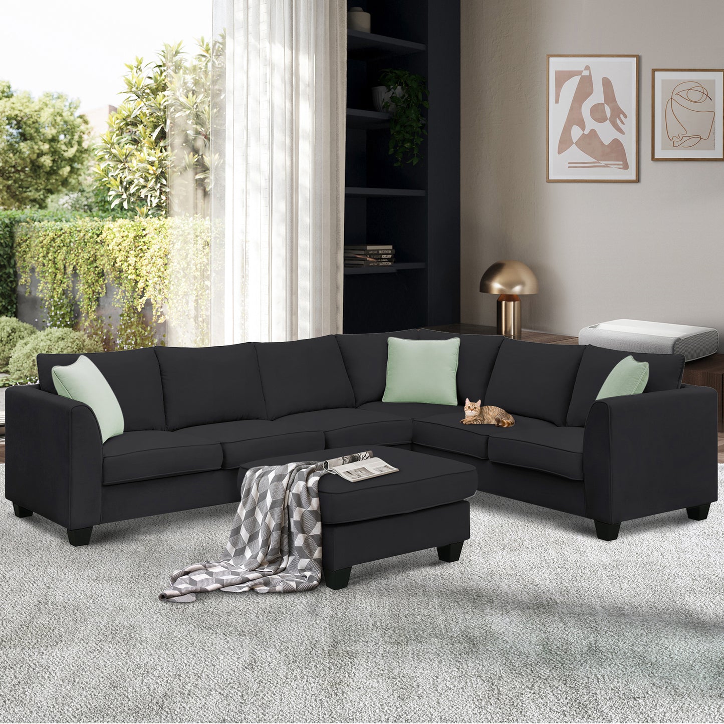 112x87" Sectional Sofa Couches Living Room Sets, 7 Seats Modular Sectional Sofa with Ottoman, L Shape Fabric Sofa Corner Couch Set with 3 Pillows, Black(New of GS008210AAB)
