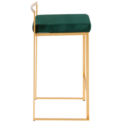 Fuji Contemporary-Glam Stackable Counter Stool in Gold with Green Velvet Cushion by LumiSource - Set of 2