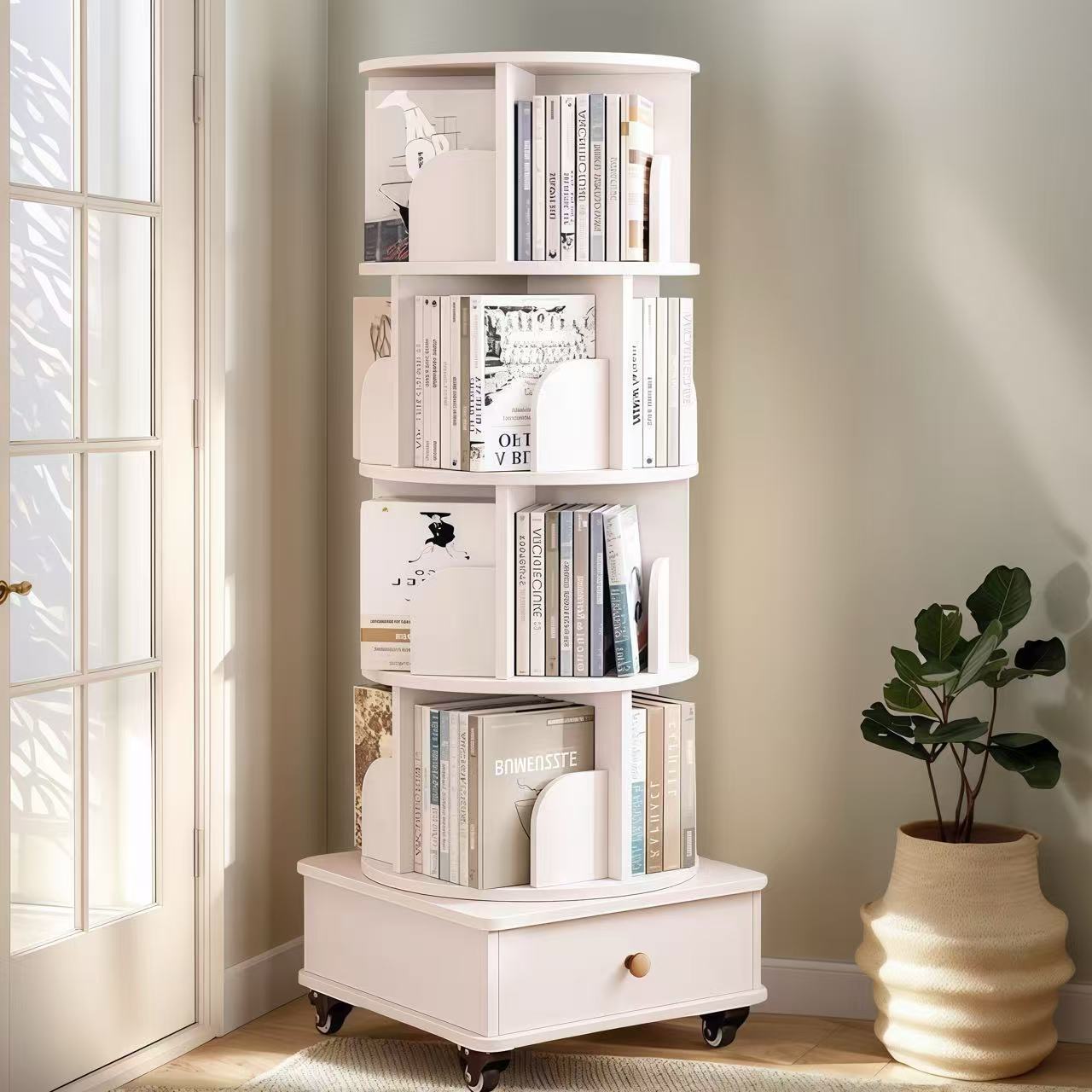 Rotating Bookshelf with Drawer, 360 Display 5 Tier Corner Bookshelf for Small Space, Floor Standing Bookcase Storage Rack, Wood Narrow Book Shelf Organizer for Bedroom, Living Room (WHITE)